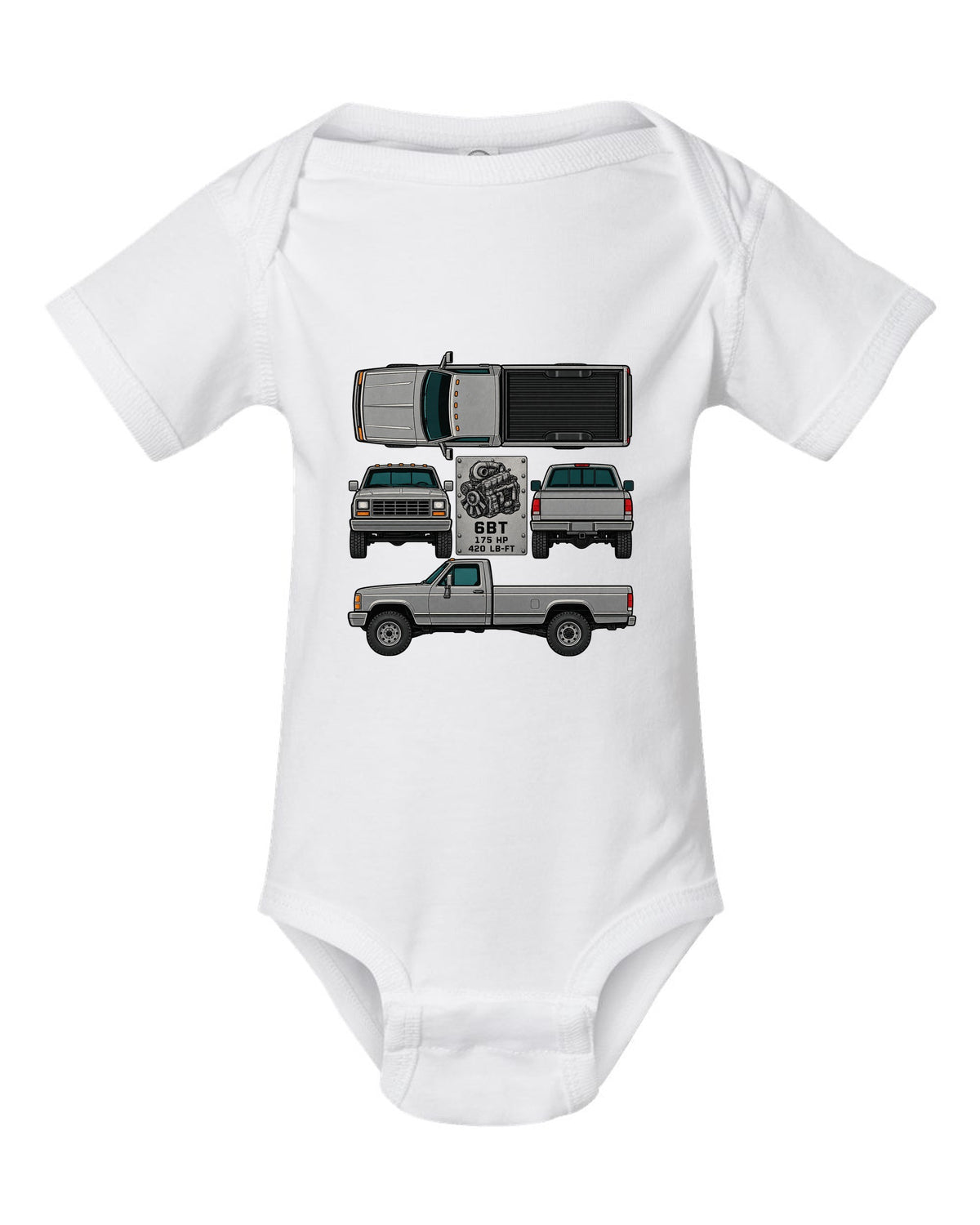 Spec-sheet data plate print of a Dodge Ram D250 6BT Cummins with horsepower and torque white baby onesie front view with the design