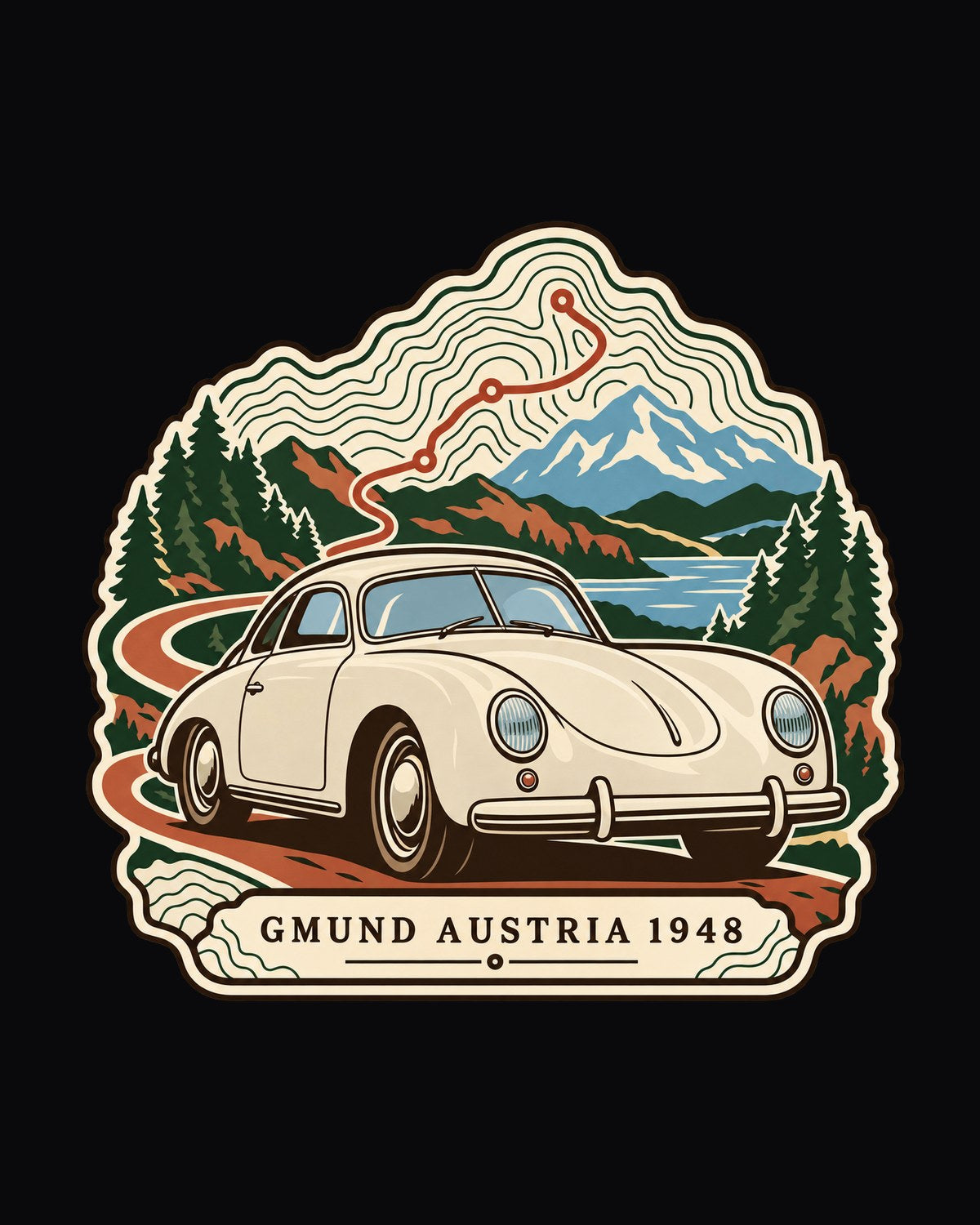 Porsche 356 Gmund 1948 Topographic Route Map Shirt design only