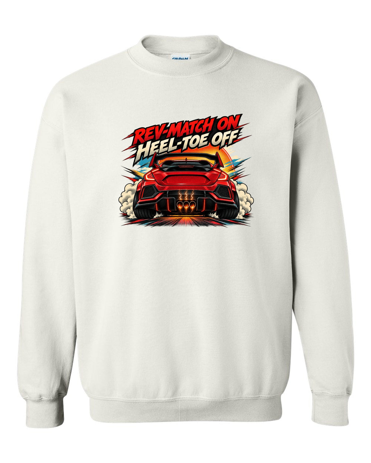 Halftone comic style Honda Civic Type R FK8 print with rev-match joke white crewneck front view with the design