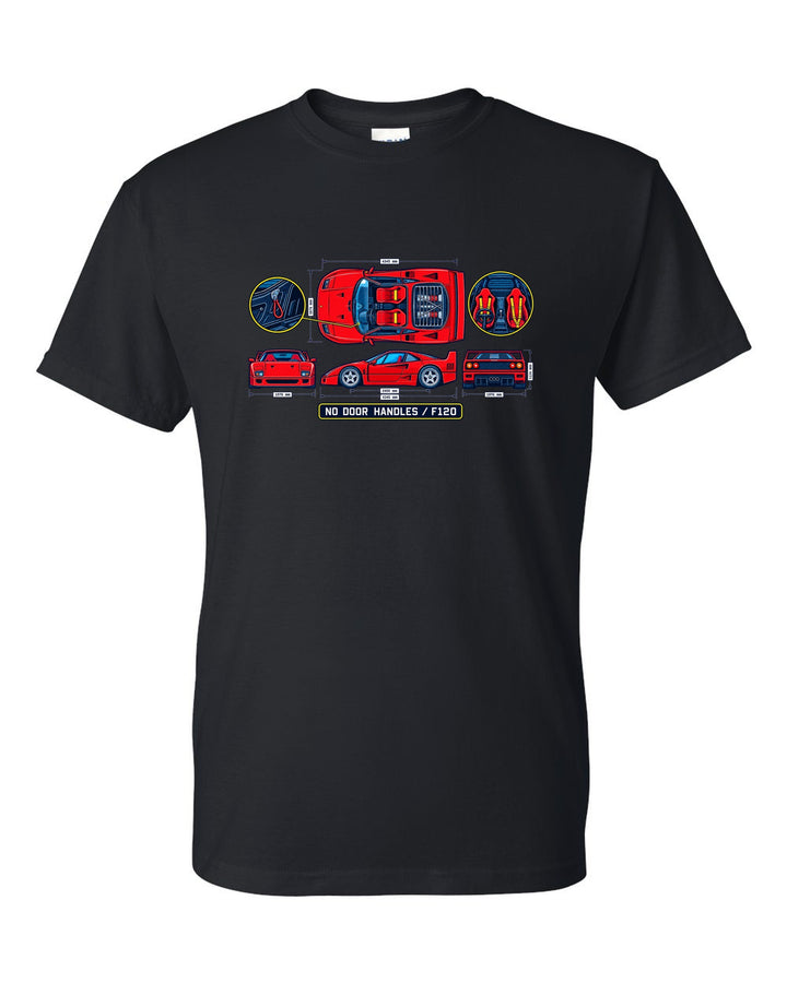 Technical blueprint print of a 1987 Ferrari F40 F120 cabin with no door handles text black t-shirt front view with the design