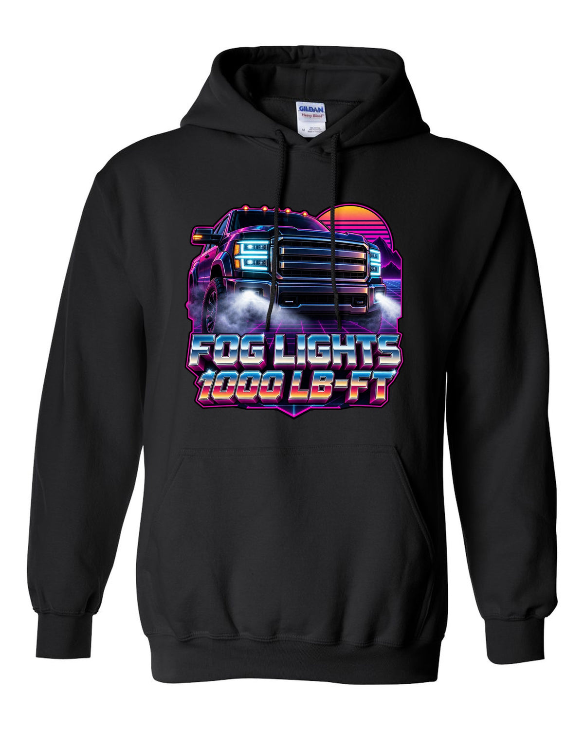 Neon synthwave grid print of a 2019-2024 Ram HD 2500 with the 6.7 HO and 1000 lb-ft text black pull over hoodie front view with the design