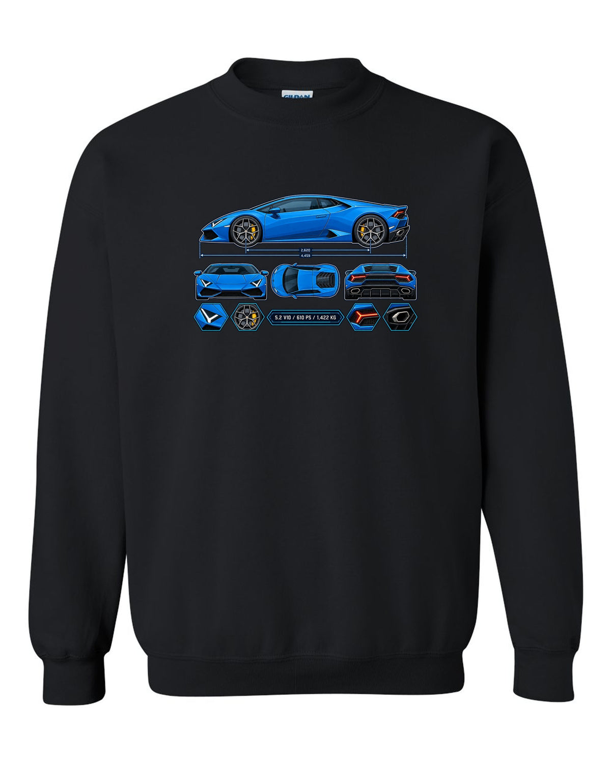 Colour technical blueprint of a Lamborghini Huracan LP610-4 with text 5.2 V10 / 610 PS / 1,422 KG black crewneck front view with the design