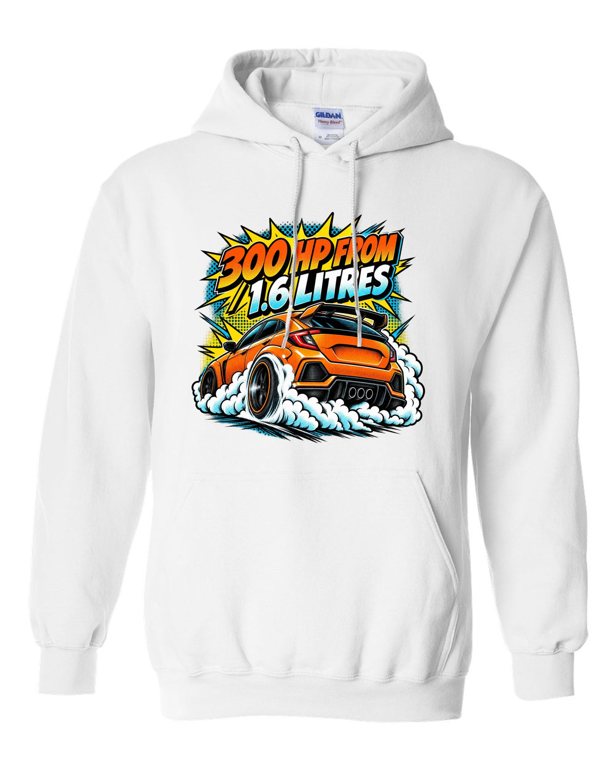Comic halftone pop-art of a Toyota GR Corolla doing a burnout with 300 HP from 1.6 litres lettering white pull over hoodie front view with the design