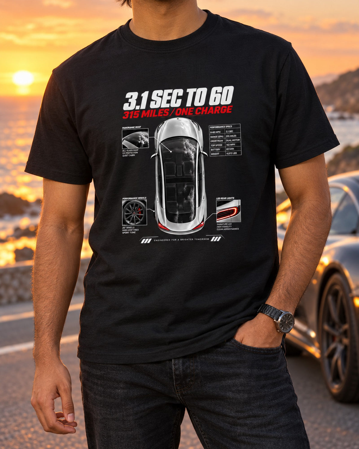 Tesla Model 3 Performance Top-Down Spec Poster Shirt T-Shirt Black worn hero