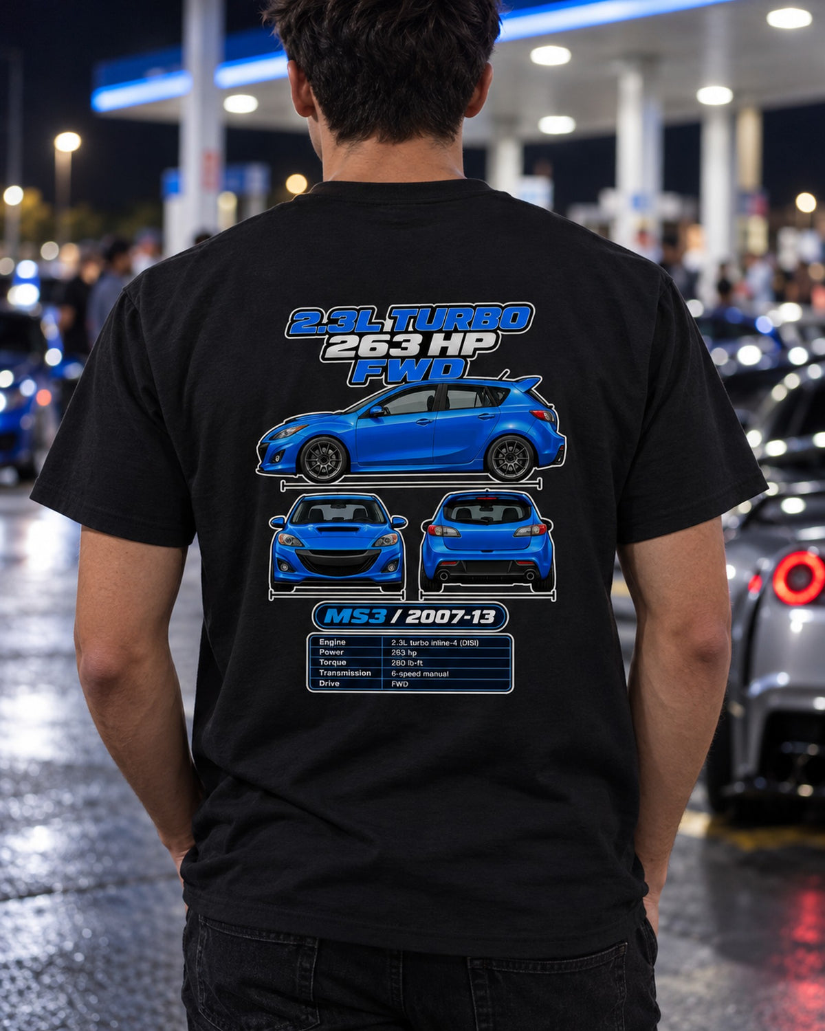 Mazda Mazdaspeed3 Spec Sheet Full-Back Graphic Tee T-Shirt Black worn hero