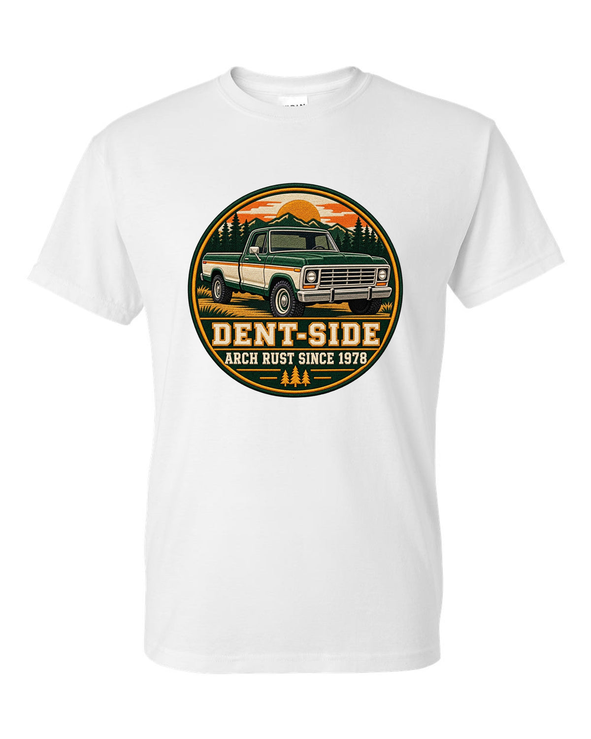 Dent-Side Ford F-150 1973-79 Varsity Crest Graphic Tee white t-shirt front view with the design