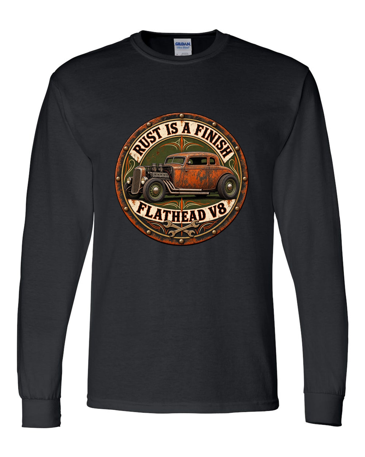 Round badge crest print for a rat rod hot rod with Rust Is A Finish and Flathead V8 lettering black long sleeve front view with the design