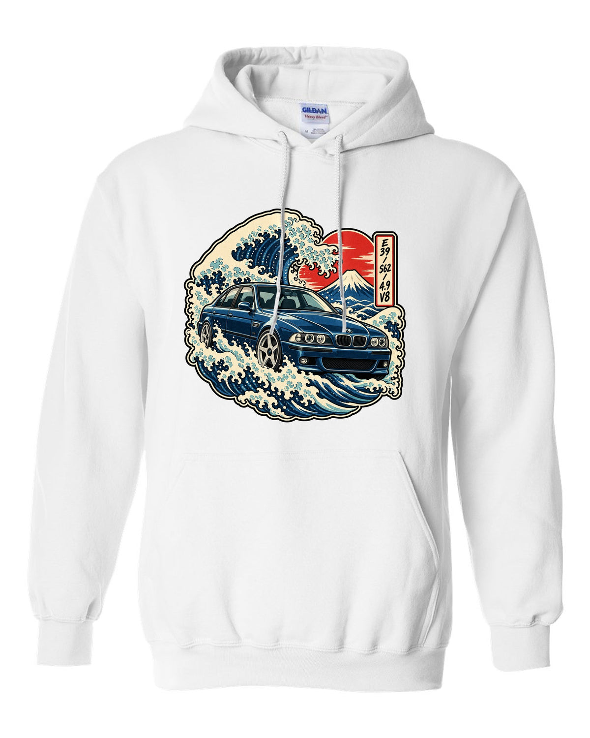 Comic halftone pop-art print of a BMW M5 E39 with one more bolt caption white pull over hoodie front view with the design