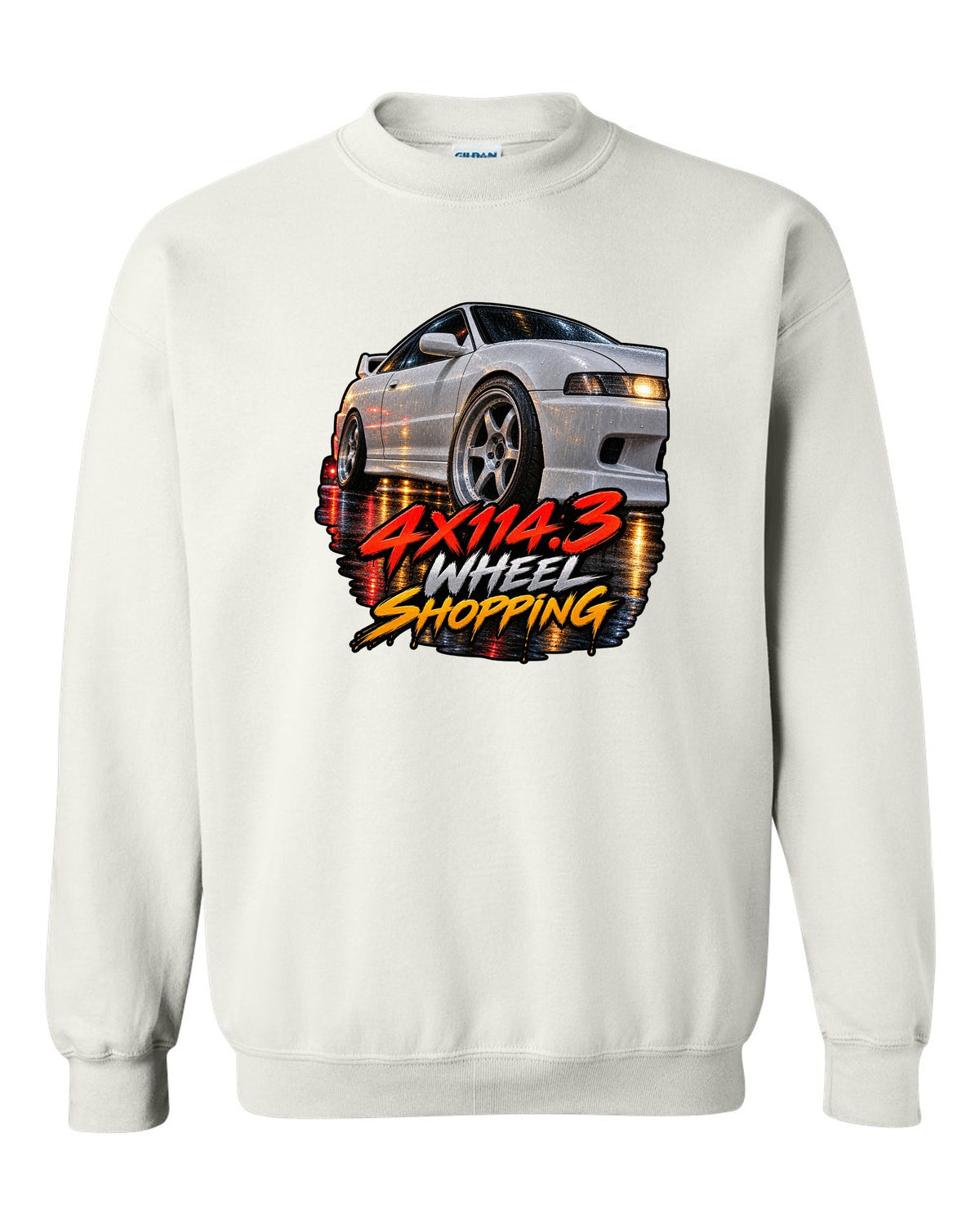 Cinematic macro painting print of a wet wheel on a 1995 Honda Integra DC2 coupe with 4x114.3 text white crewneck front view with the design