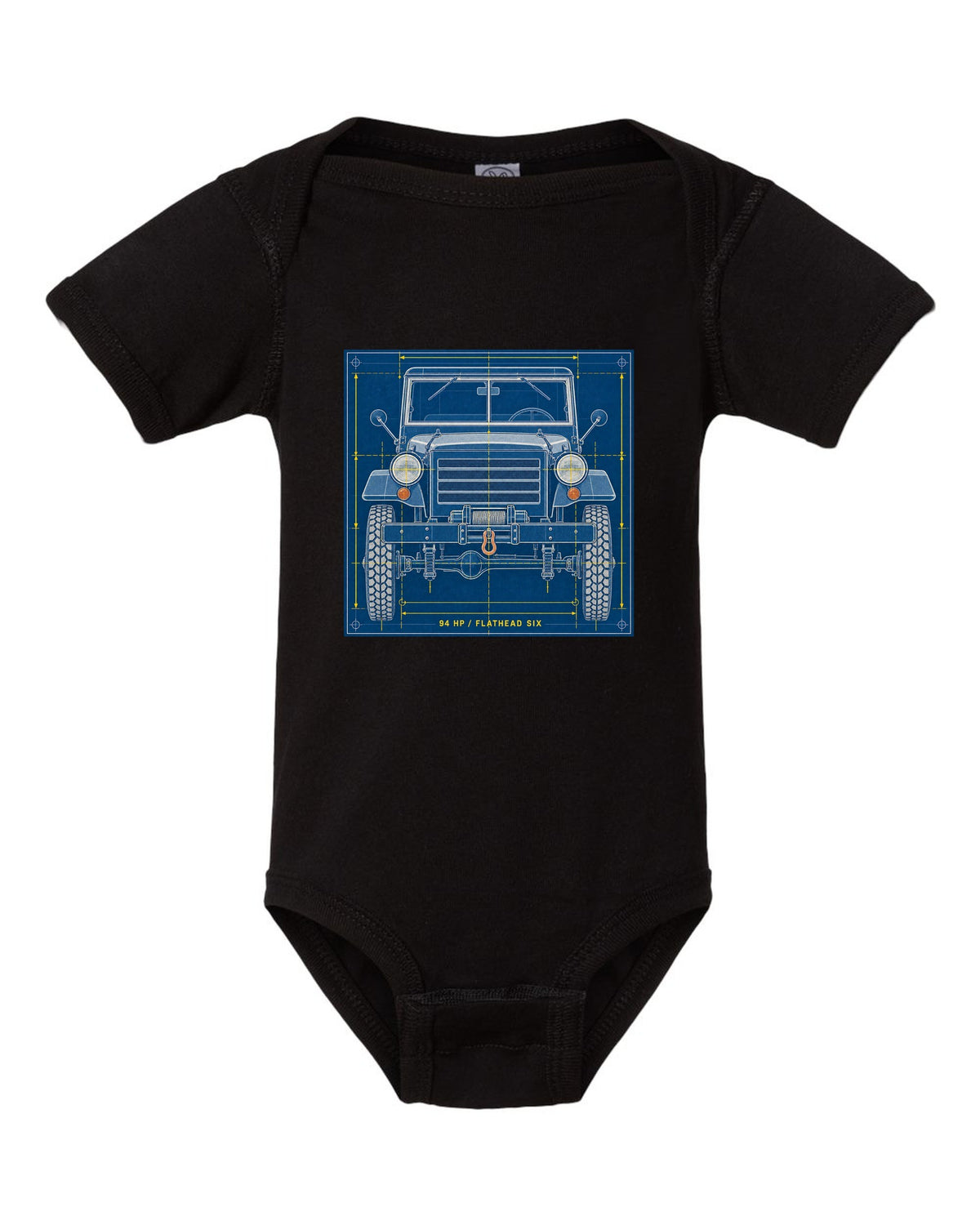 Cyanotype negative-style print of a Dodge Power Wagon WM300 grille with 94 HP flathead six text black baby onesie front view with the design
