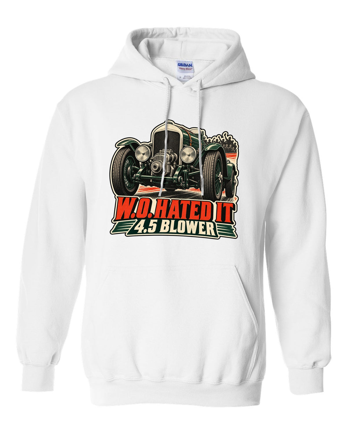 Vintage race poster style print of the 1929 Bentley 4.5 Litre Blower with W.O. lettering white pull over hoodie front view with the design