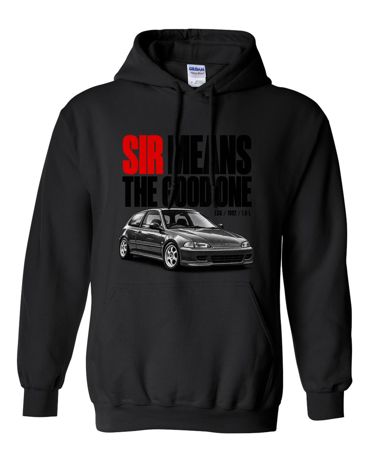 Halftone print of a 1992 Honda Civic EG6 SiR chback with SiR text black pull over hoodie front view with the design