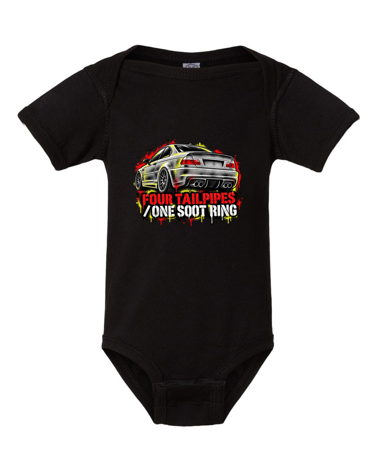 Stencil spray street art of four tailpipes on a BMW E46 M3 coupe with soot ring text black baby onesie front view with the design