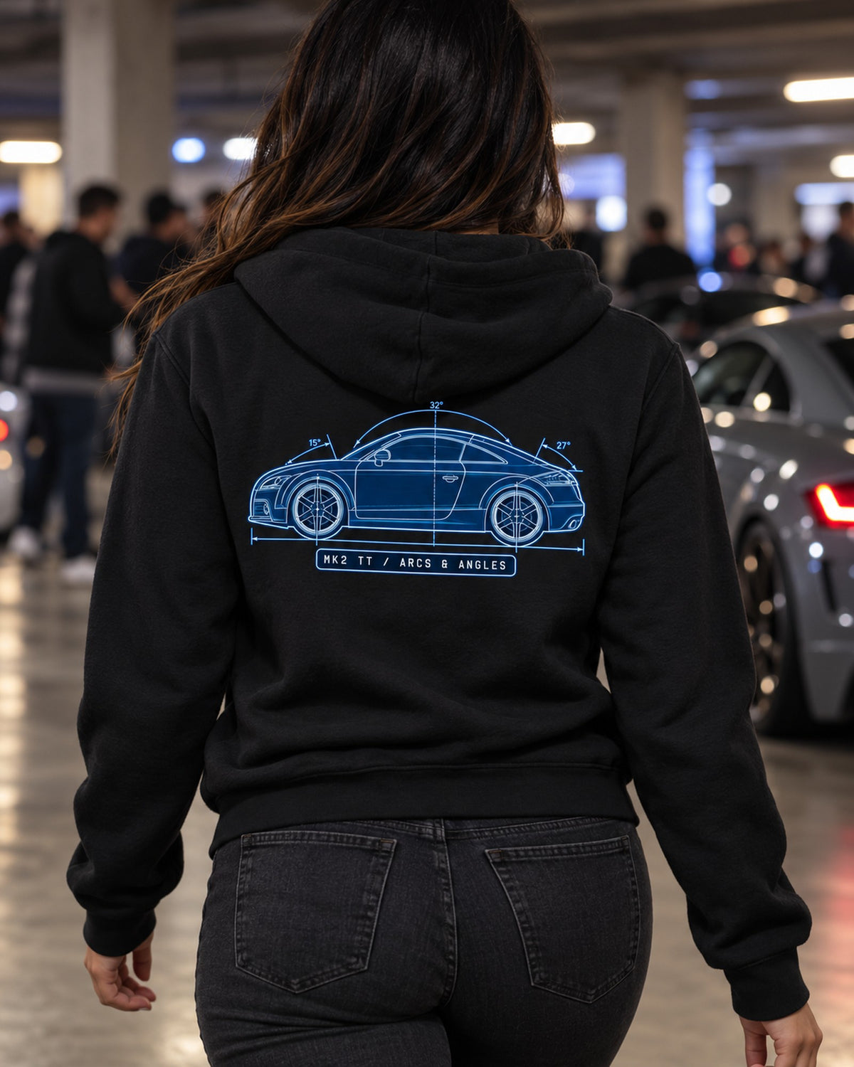 Audi TT 8J Mk2 Cyanotype Blueprint Shirt, Arcs and Angles Zip Hoodie Black worn hero