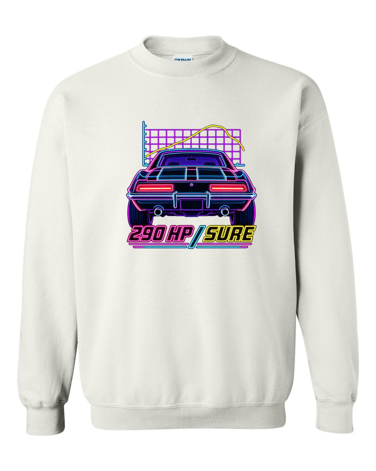 Neon synthwave outline of a 1969 Chevrolet Camaro Z/28 taillights with 290 HP lettering white crewneck front view with the design