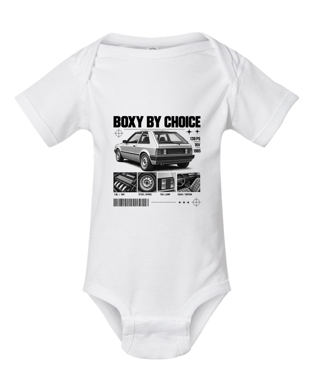 VW Golf Mk2 GTI 16V 1985 rear three-quarter in dossier panels with 139 PS text white baby onesie front view with the design