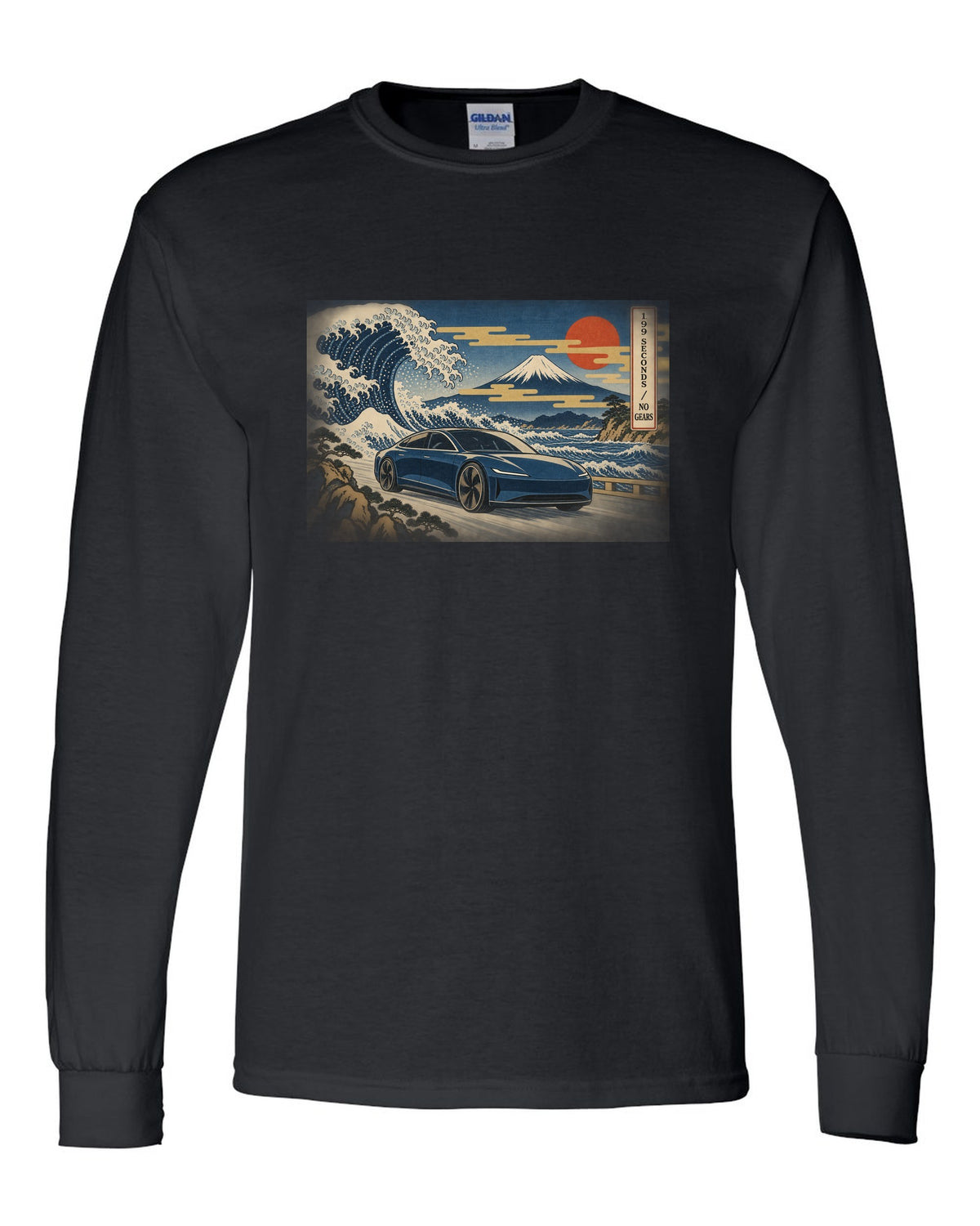 Ukiyo-e woodblock print of a 2021 Tesla Model S Plaid with the words 1.99 Seconds No Gears black long sleeve front view with the design