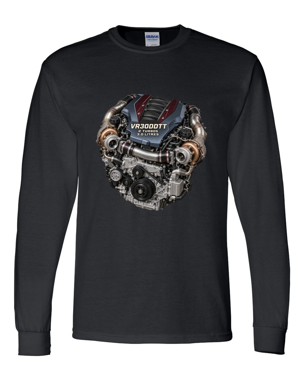 Hero image of a Nissan VR30DDTT twin-turbo V6 engine from the RZ34 Z black long sleeve front view with the design