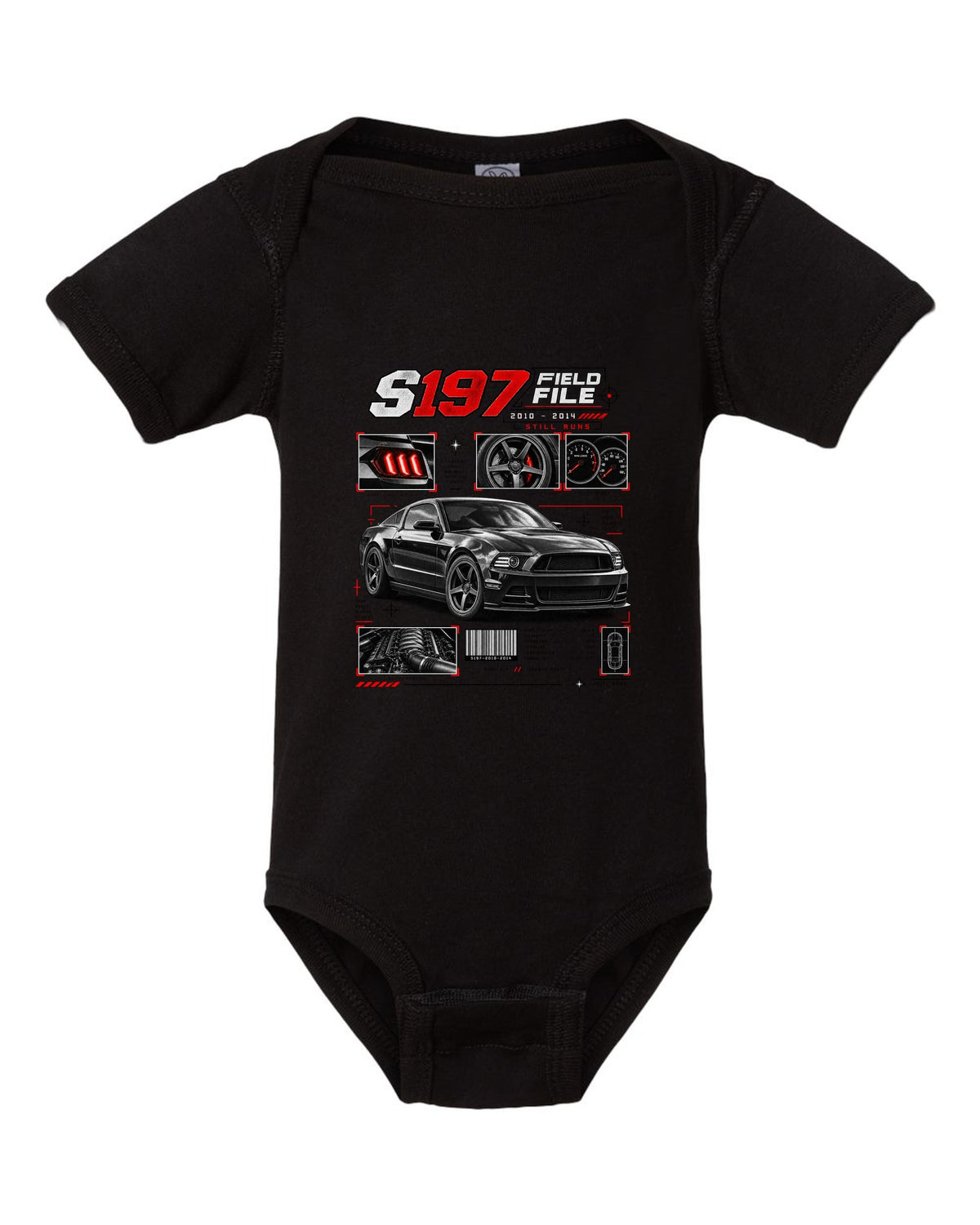 Four-panel dossier print of a Ford Mustang S197 GT fastback black baby onesie front view with the design