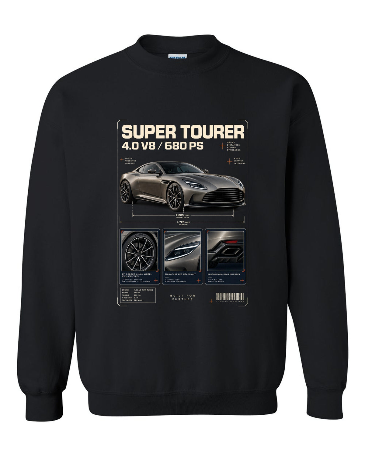 Aston Martin DB12 2023 dossier panels print with super tourer 4.0 V8 680 PS text black crewneck front view with the design