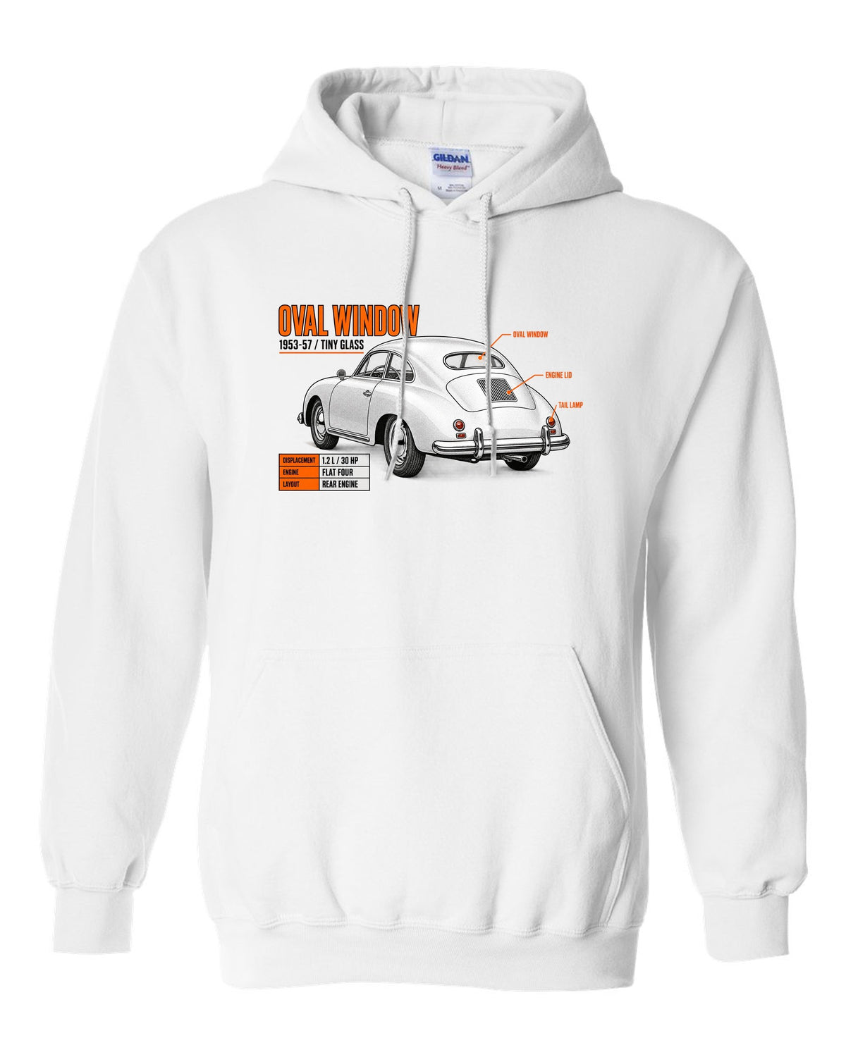 Spec poster print of a VW Beetle oval-window rear three-quarter with 1953-57 text white pull over hoodie front view with the design