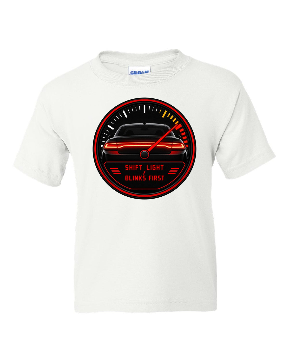 Hyundai Elantra N CN7 gauge-cluster HUD print with shift light blinks first text white kids tee front view with the design