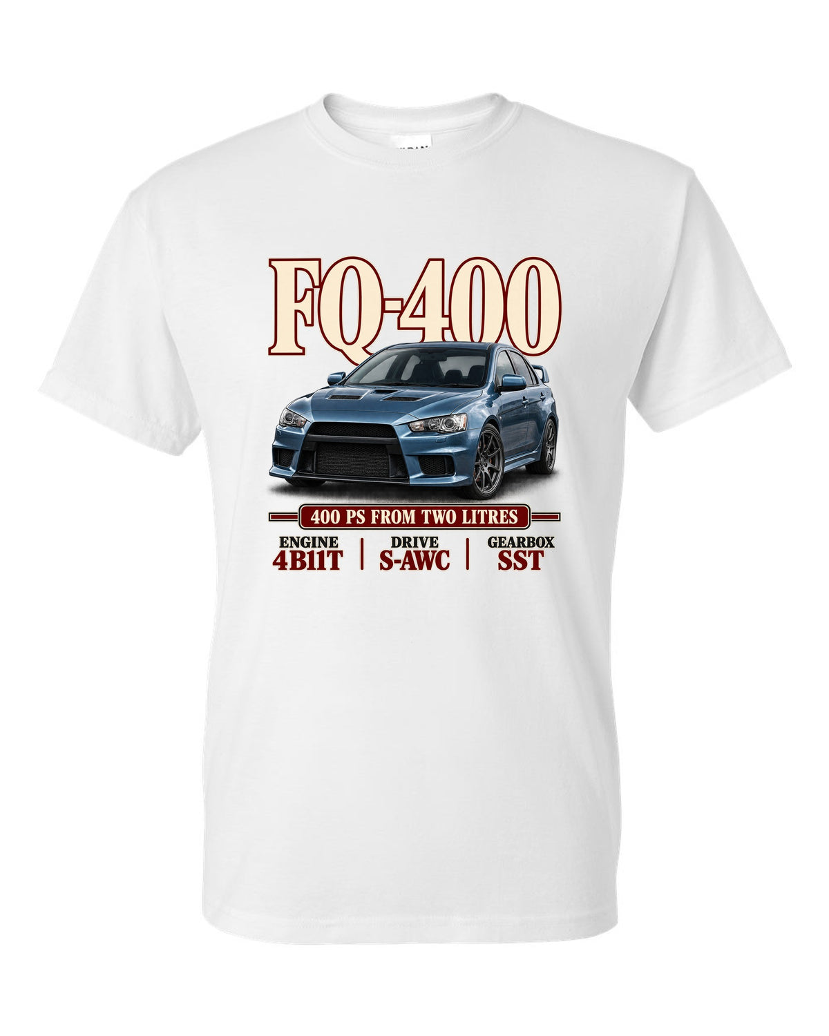 Mitsubishi Lancer Evolution X FQ-400 low front three-quarter archive panel print white t-shirt front view with the design