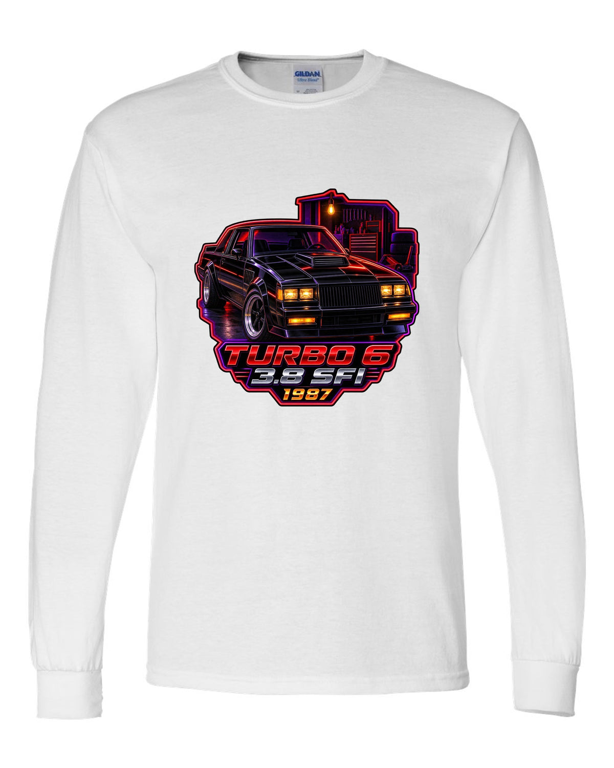 1987 Buick Regal turbo coupe in a neon-lit night garage white long sleeve front view with the design