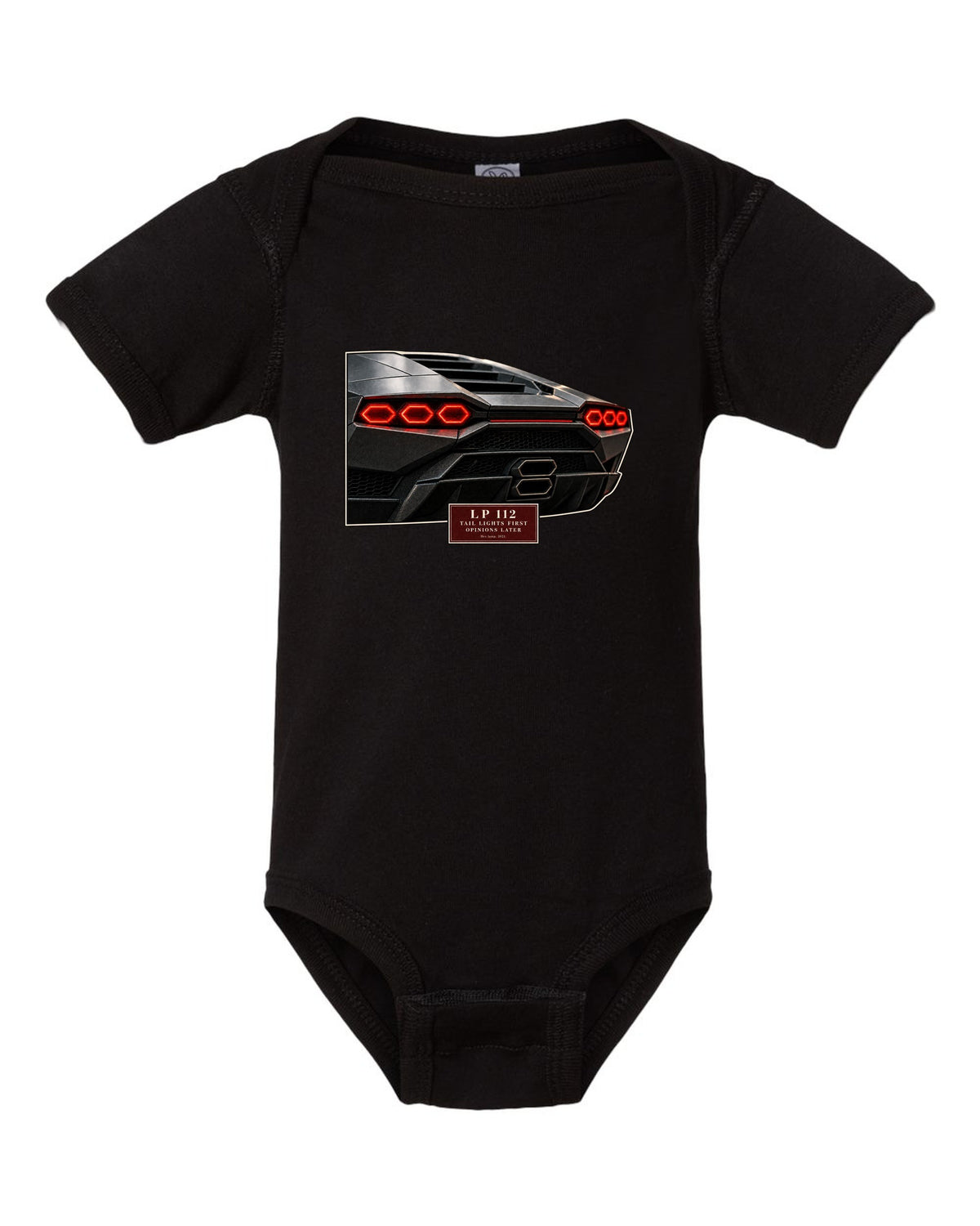 Lamborghini Countach LPI 800-4 taillight macro print with LP 112 lettering black baby onesie front view with the design