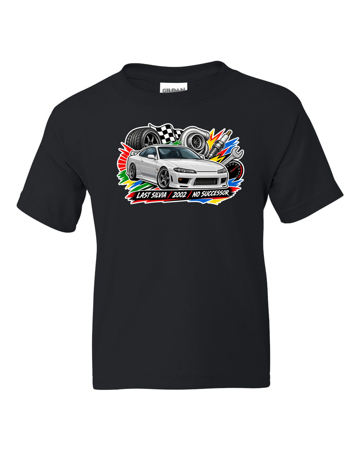 Sticker-bomb collage print for the Nissan Silvia S15 with last Silvia 2002 no successor lettering black kids tee front view with the design