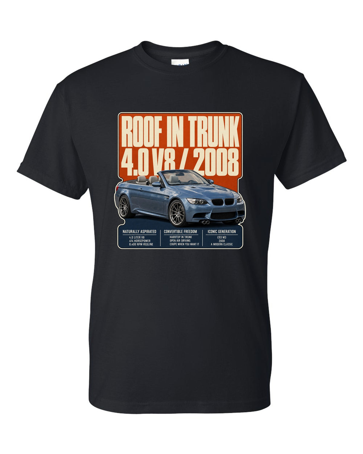 BMW M3 E93 convertible editorial headline print black t-shirt front view with the design