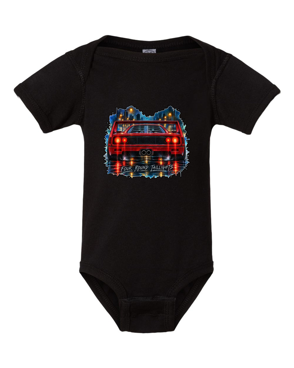 Watercolour wet-road night print of the rear of a 1987 Ferrari F40 F120 with four round taillights text black baby onesie front view with the design