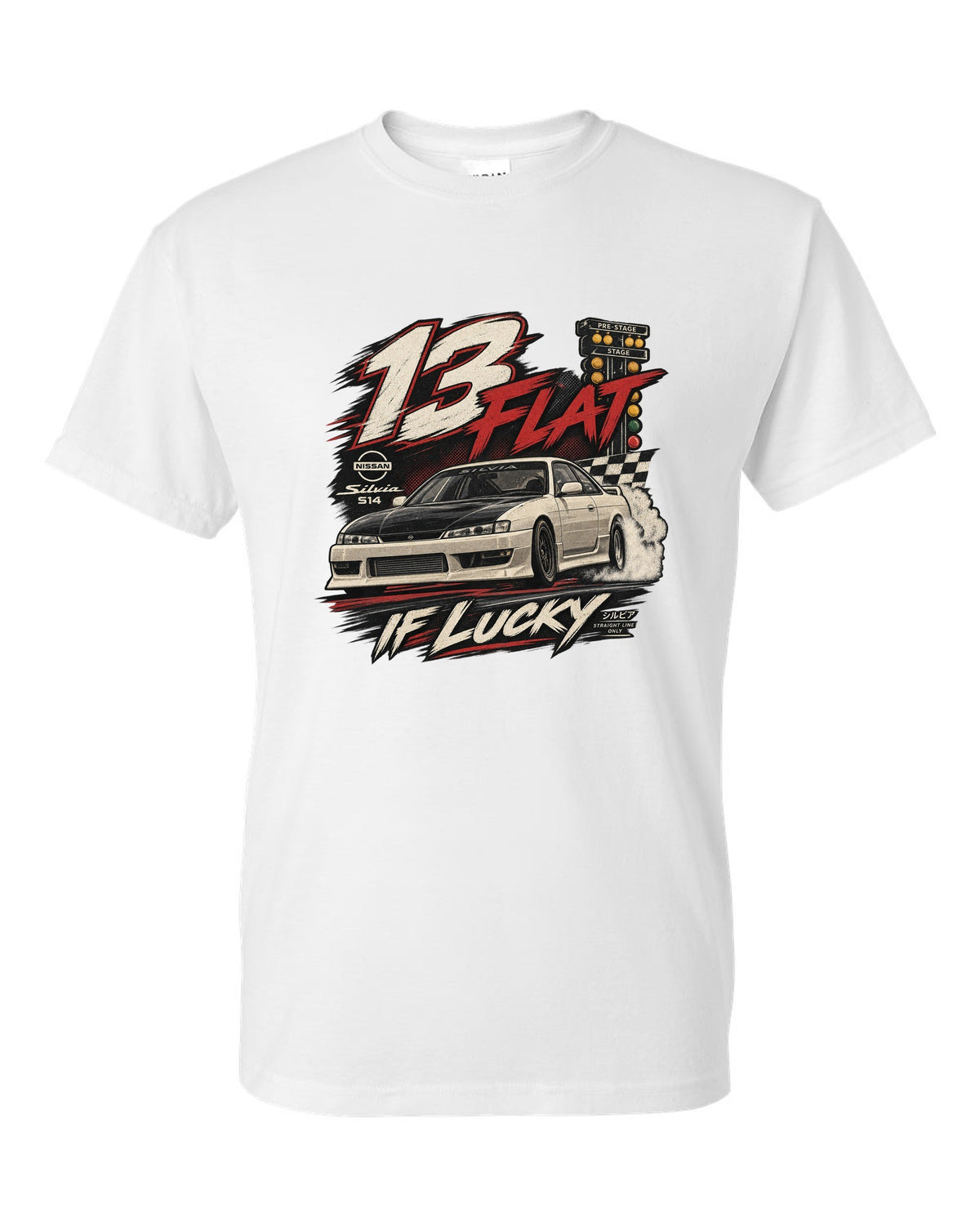Vintage race poster print of a Nissan Silvia S14 with 13 flat if lucky text white t-shirt front view with the design