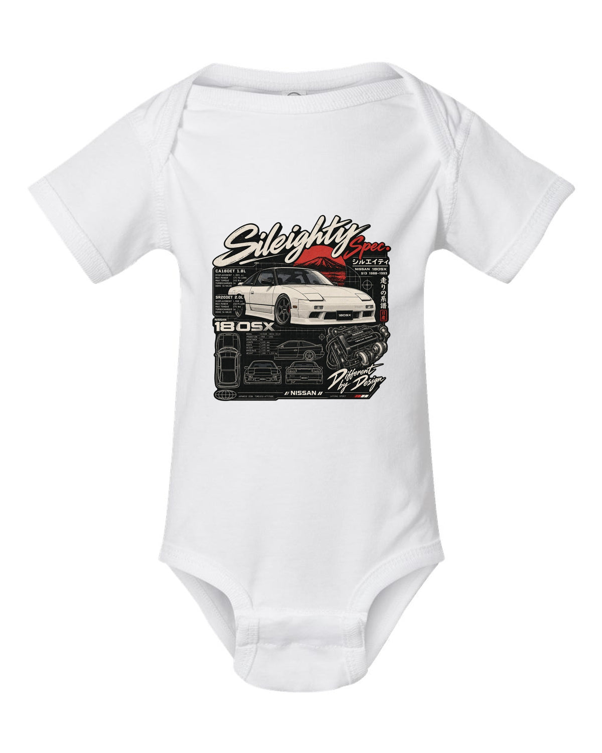 Spec-sheet data plate print for the Nissan 180SX S13 listing CA18DET and SR20DET engines white baby onesie front view with the design