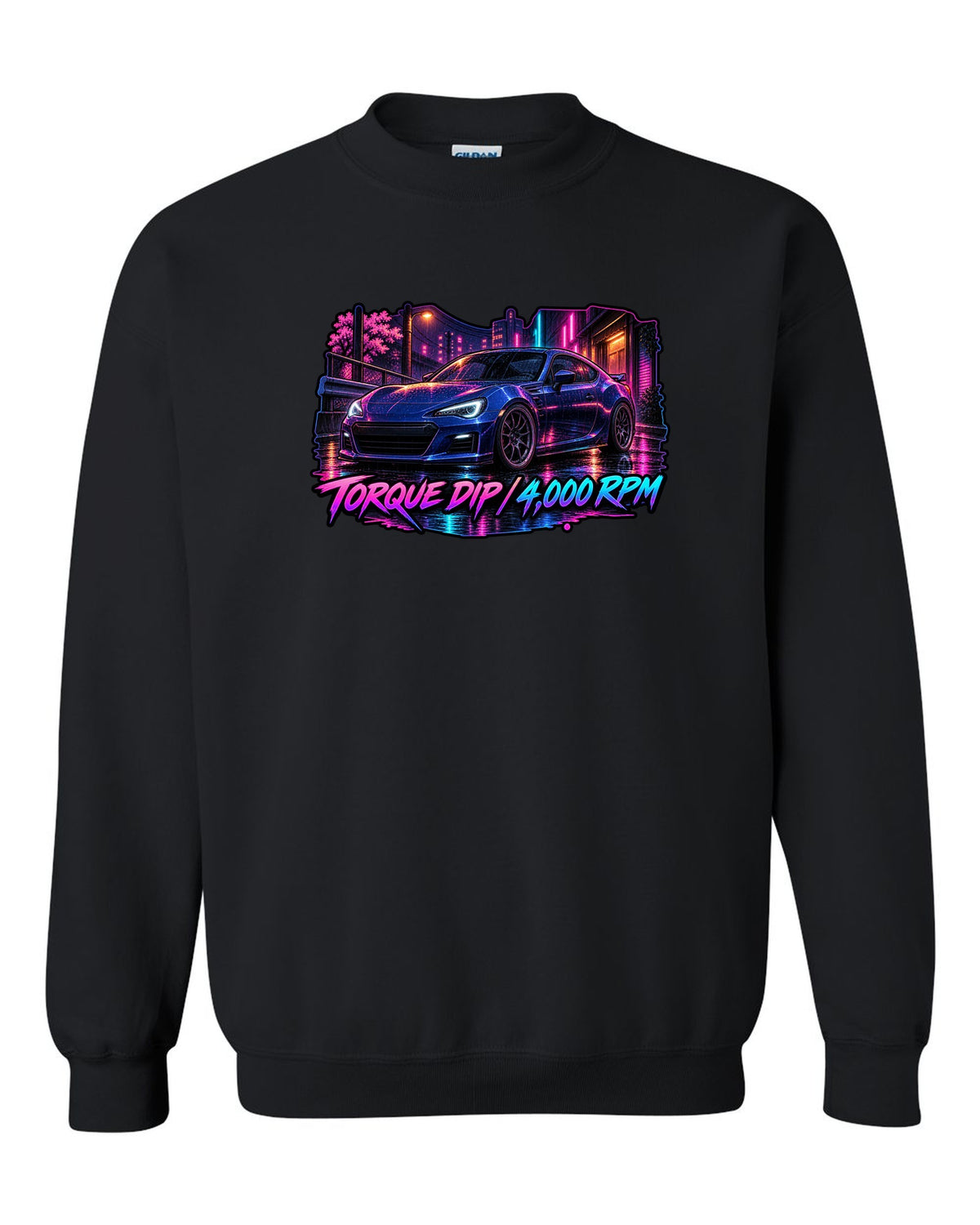 Spray-paint graffiti style Subaru BRZ ZD8 drifting with FA24 2.4L dip fixed text black crewneck front view with the design