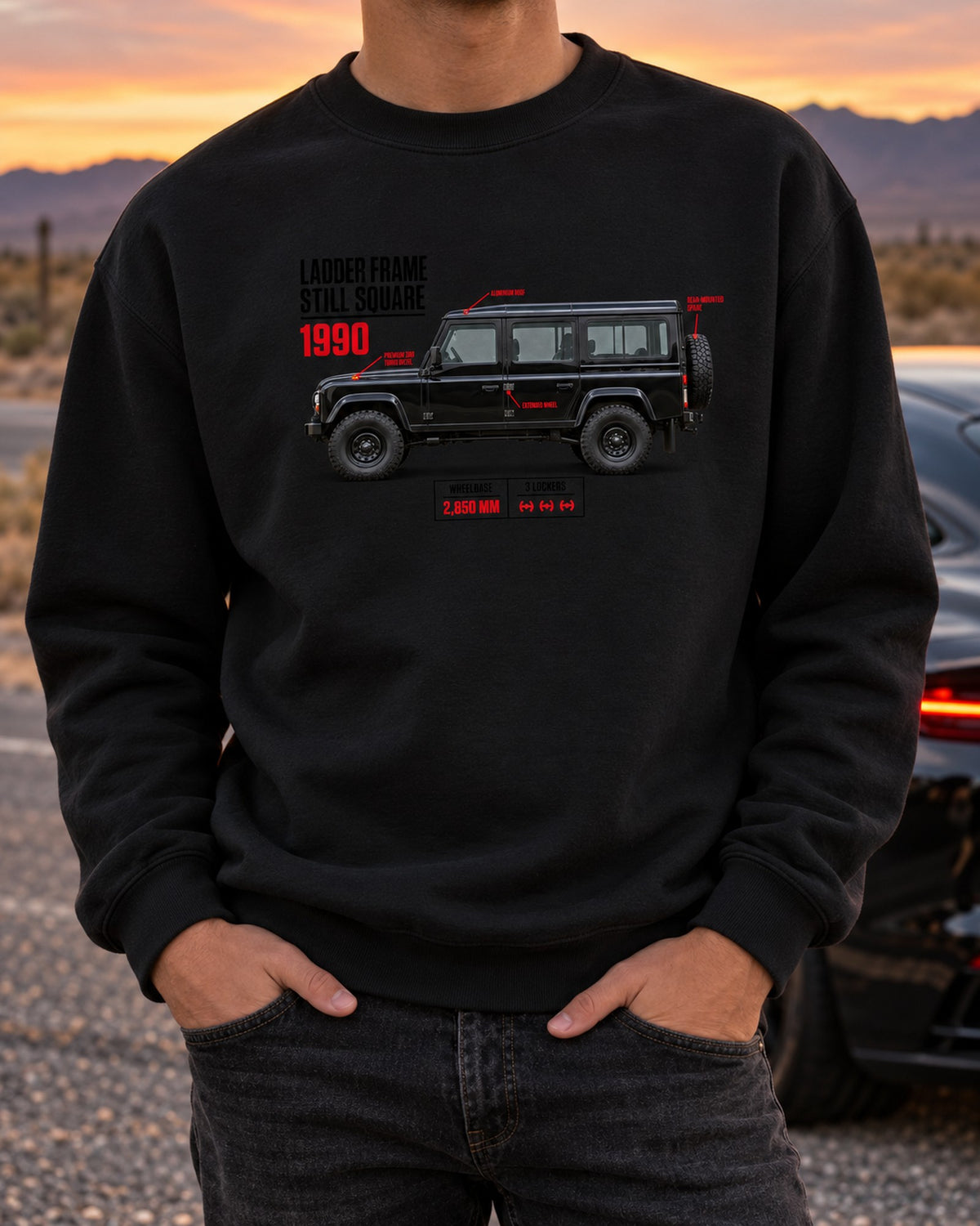 Mercedes G-Class W463 Spec Poster Shirt, Ladder Frame Tee Crewneck Black worn hero