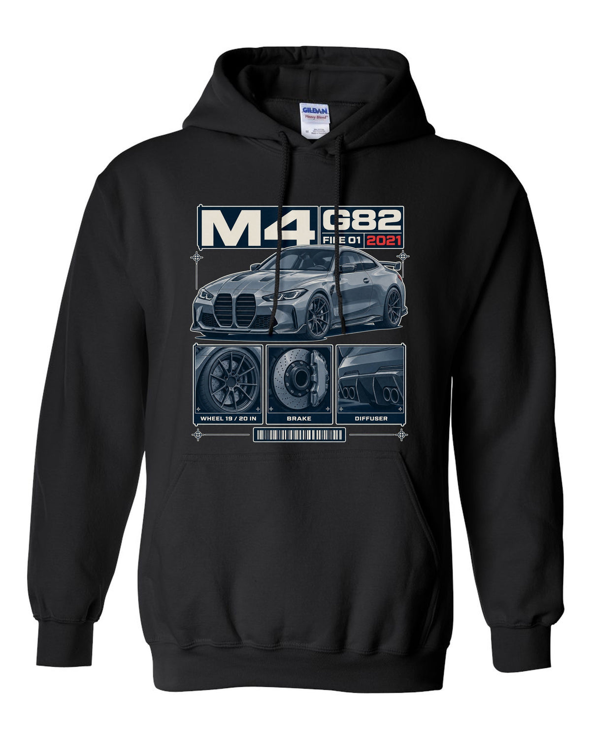 BMW M3 G80 dossier panels print with wheel, brake and diffuser details black pull over hoodie front view with the design