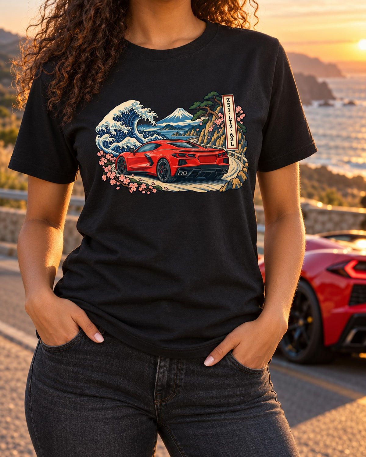 Fuji Pass Woodblock Corvette C8 Stingray Z51 Ukiyo-e Tee T-Shirt Black worn hero