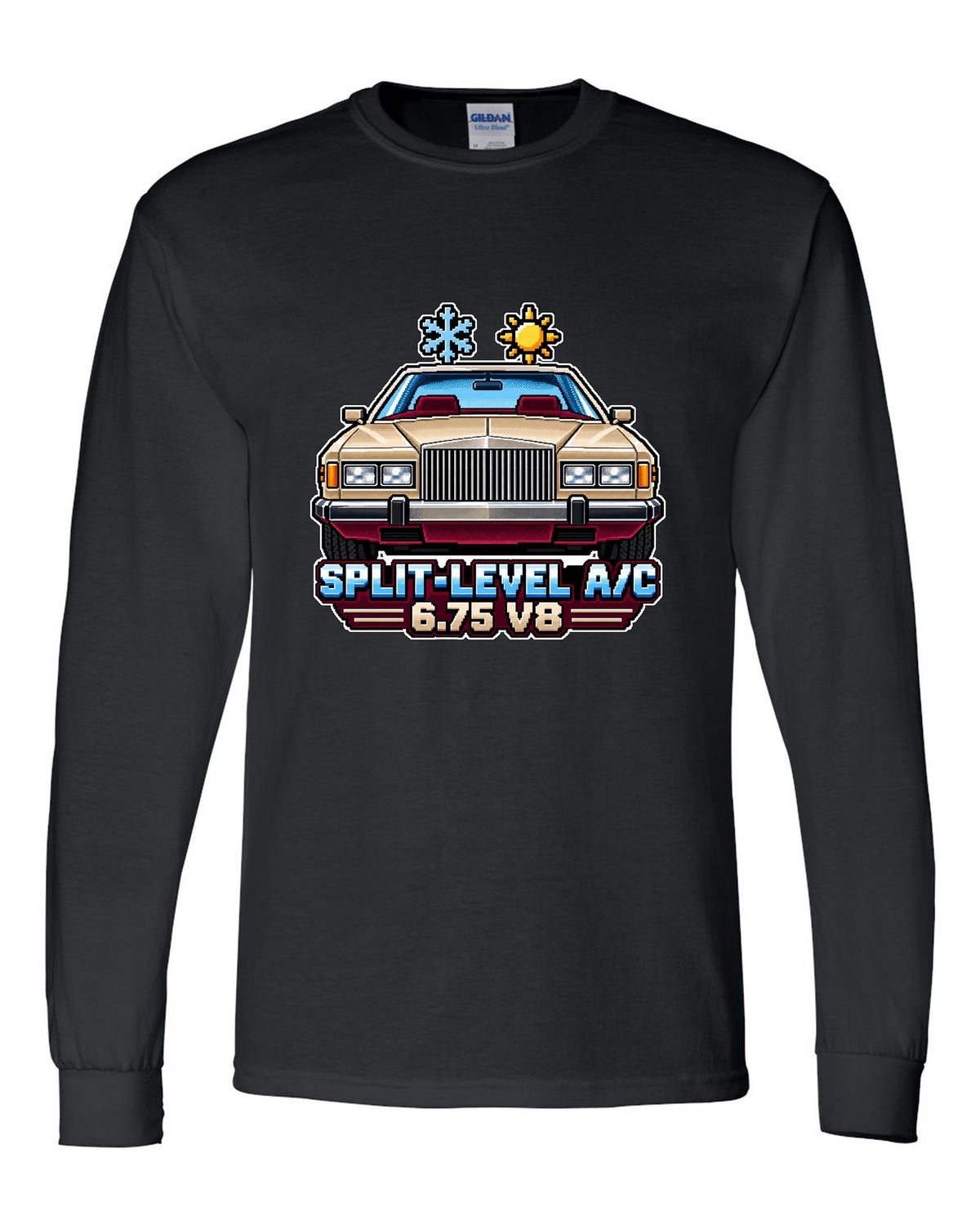 16-bit pixel art print of a 1975 Rolls-Royce Camargue with split-level A/C and 6.75 V8 lettering black long sleeve front view with the design
