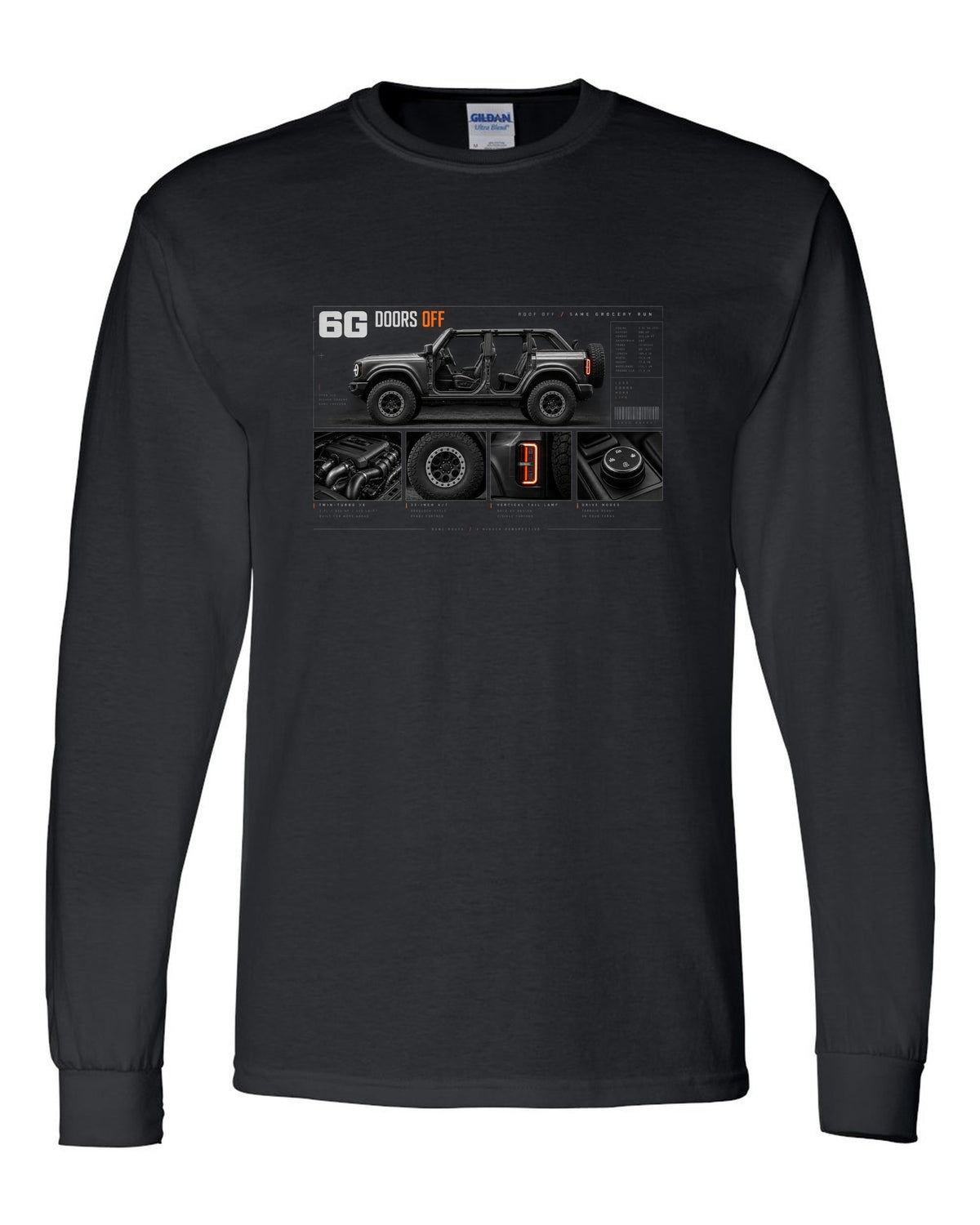 Ford Bronco 6G four-door dossier panel print with doors off, roof off text black long sleeve front view with the design