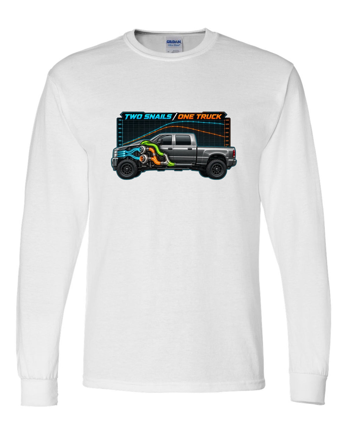 Dyno chart and gauge print of a 2003-2009 Dodge Ram 2500 Cummins compound turbo with two snails one truck text white long sleeve front view with the design