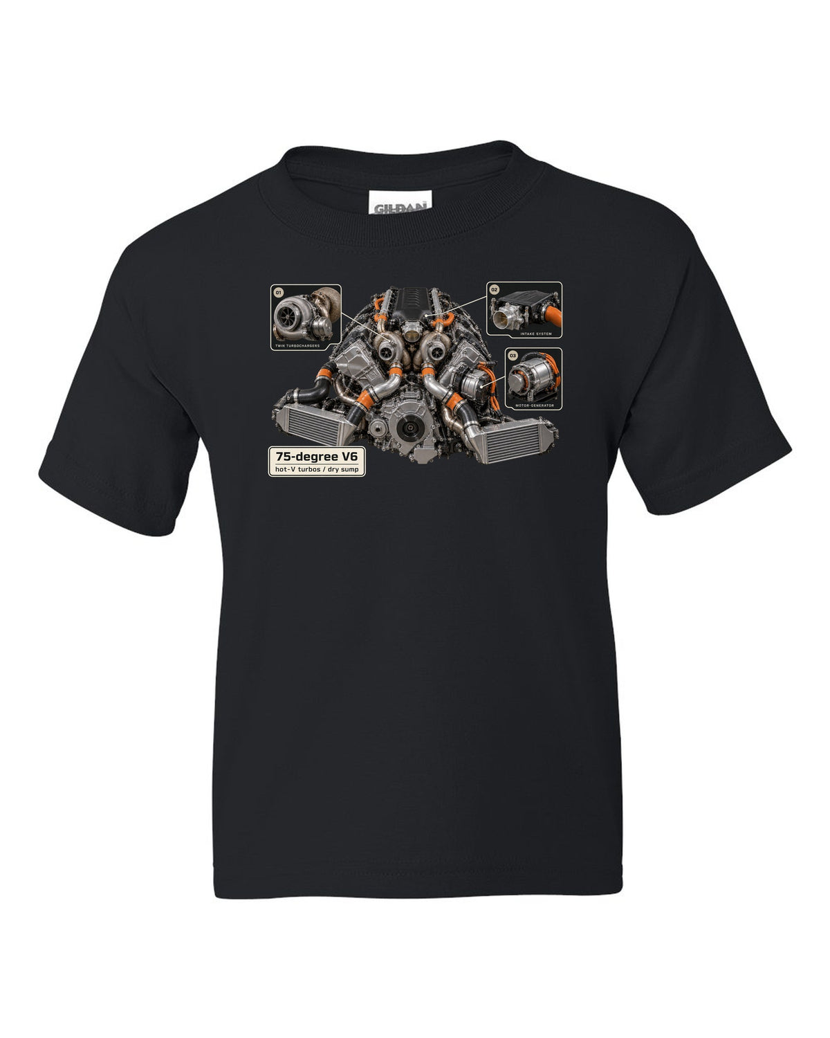 Engine bay print of an Acura NSX NC1 3.5L twin-turbo V6 black kids tee front view with the design