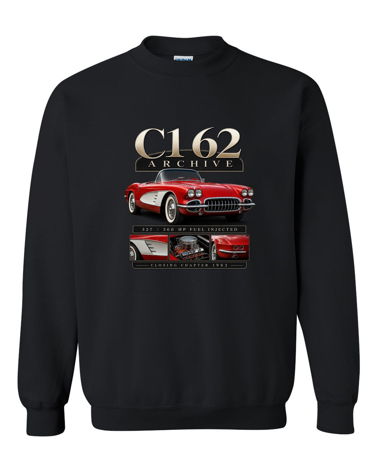 Corvette C1 1962 solid-axle roadster archive panel black crewneck front view with the design