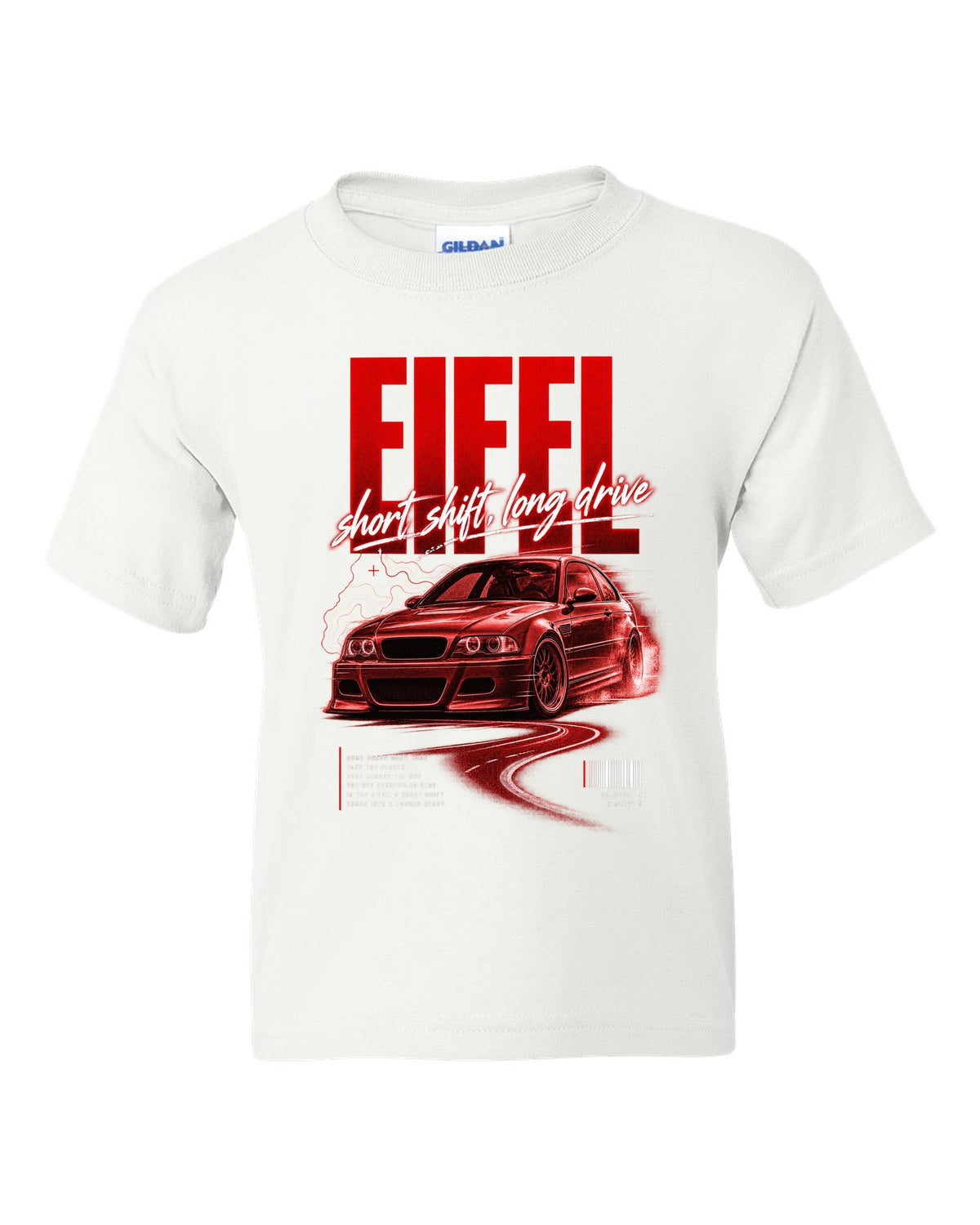 BMW E46 M3 coupe street poster print naming Eifel with short shift long drive text white kids tee front view with the design