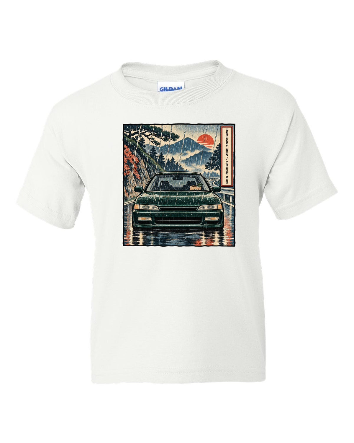 Ukiyo-e woodblock style print of a Honda Accord CD6 SiR with grocery run touge run text white kids tee front view with the design
