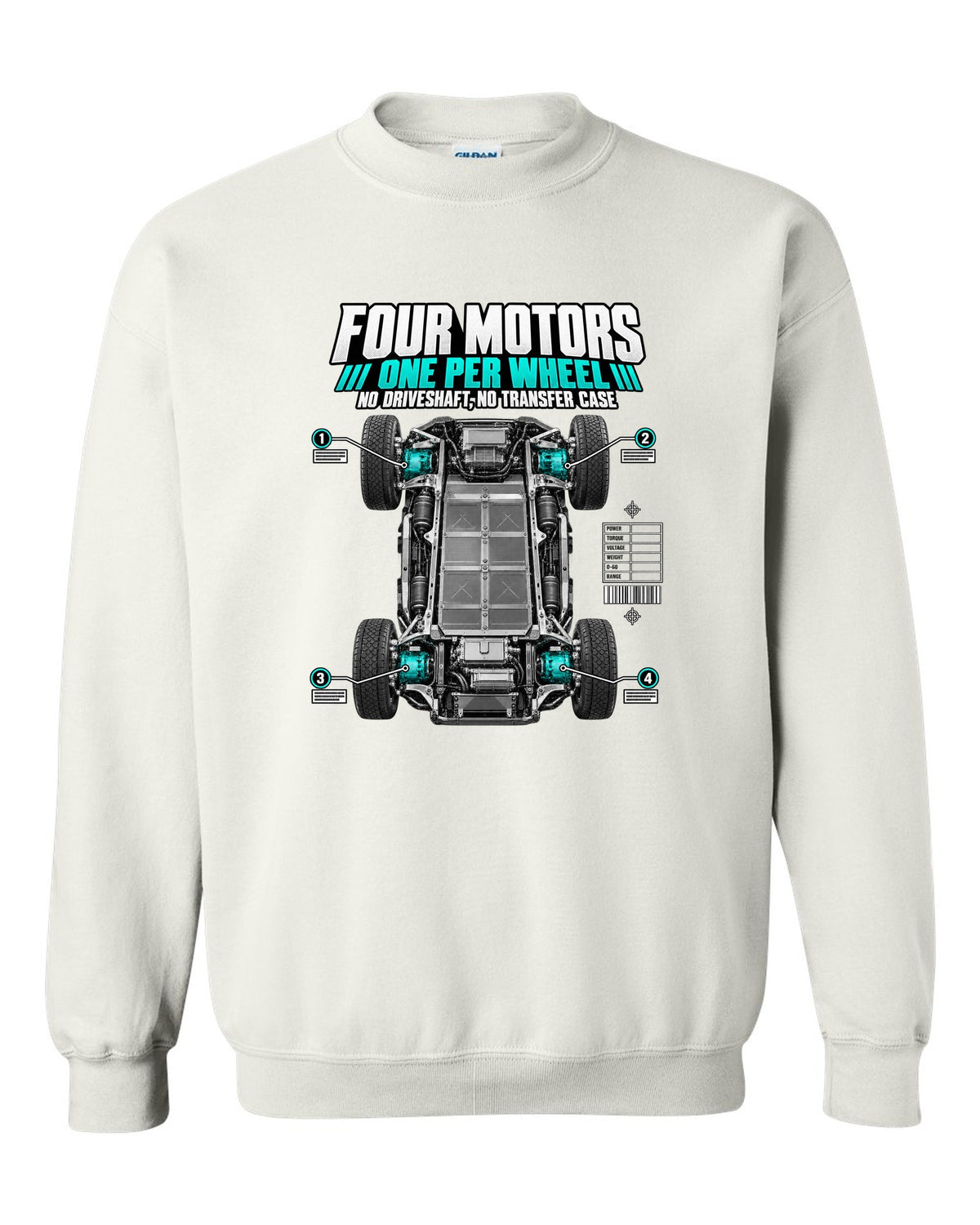 Rivian R1T Quad Motor 2022 layout with four motors, one per wheel, no driveshaft and no transfer case white crewneck front view with the design