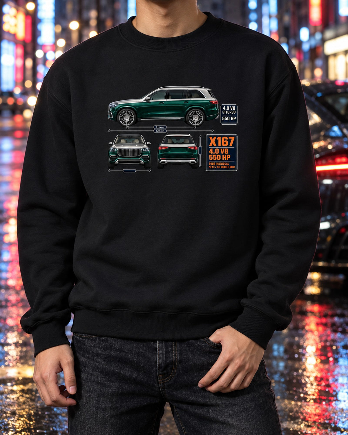Mercedes-Maybach GLS 600 X167 Three-View Spec Shirt Crewneck Black worn hero