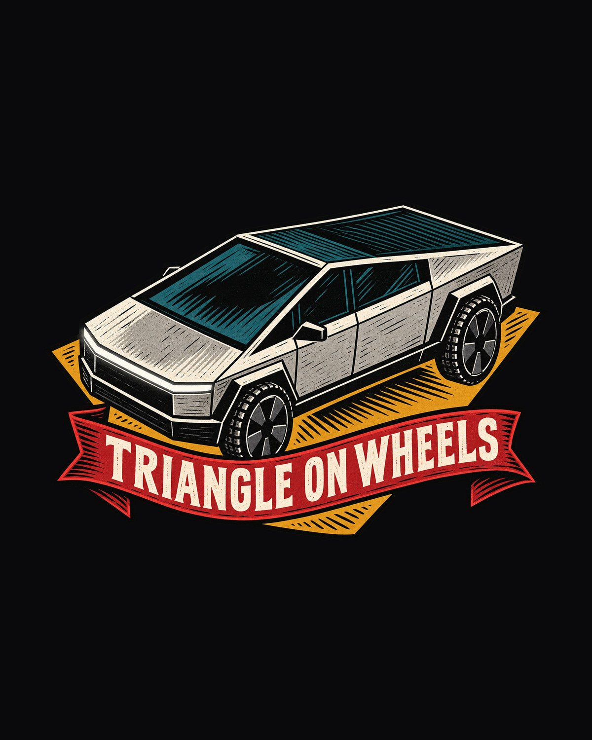 Tesla Cybertruck Linocut Woodblock Shirt, Triangle on Wheels design only
