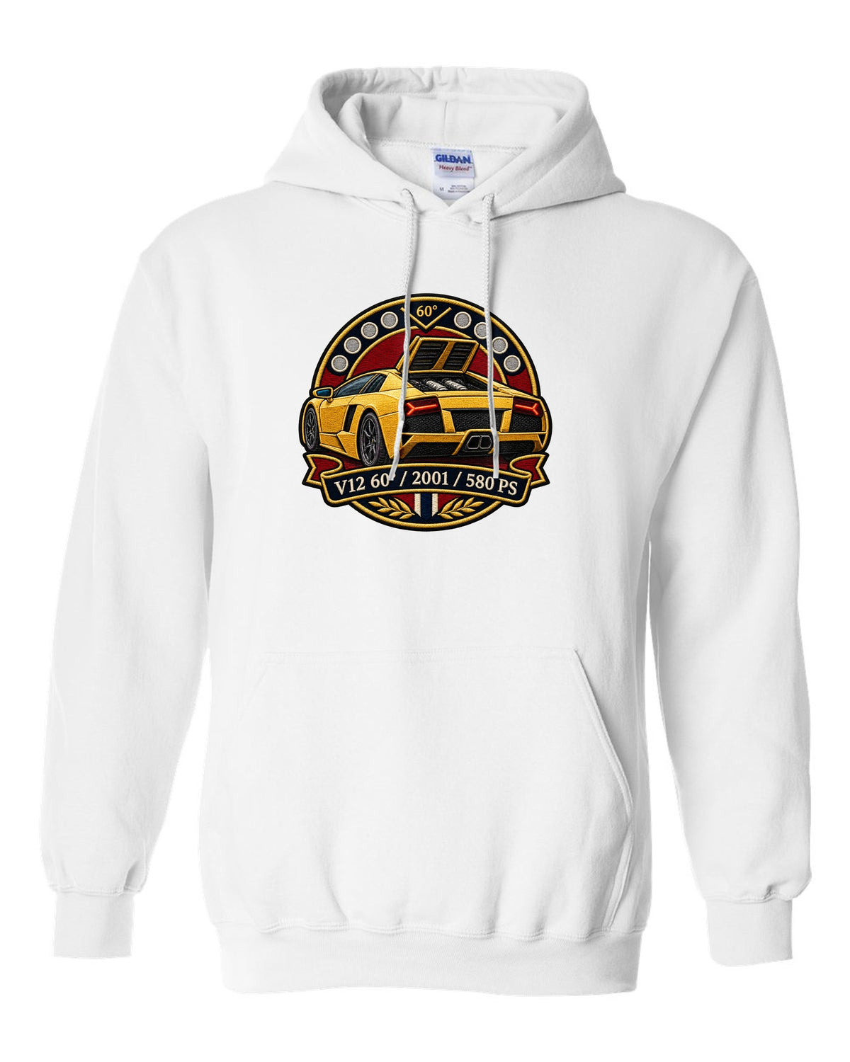Embroidery-style varsity crest design of a 2001 Lamborghini Murcielago with V12 and 580 PS text white pull over hoodie front view with the design
