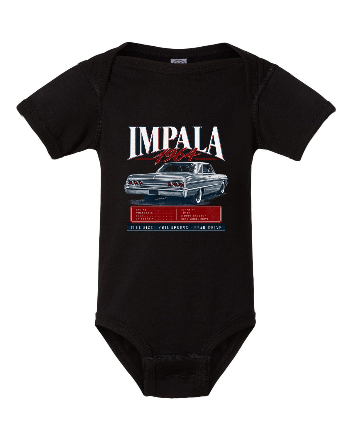 1964 Impala SS B-body rear three-quarter archive panel print black baby onesie front view with the design